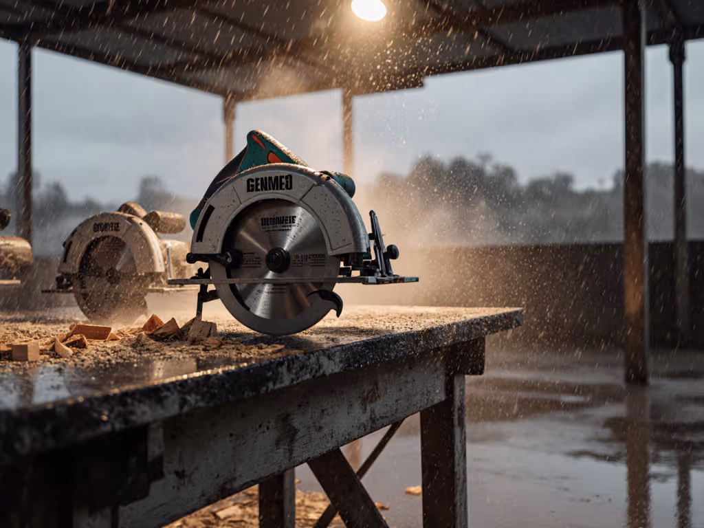 rainy_construction_site_with_circular_saw_cutting_wood